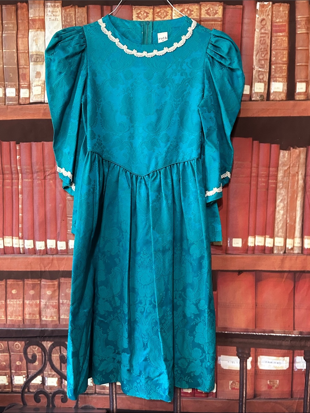 Vintage 80s Ruth of Carolina Teal Jacquard Puff Sleeve Dress Girls 12